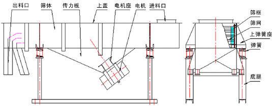 直線振動篩內(nèi)部結(jié)構(gòu)：出料口，篩體，傳力板，上蓋，電機(jī)座，電機(jī)，進(jìn)料口，篩框，篩網(wǎng)，上彈簧座，彈簧，底腿。