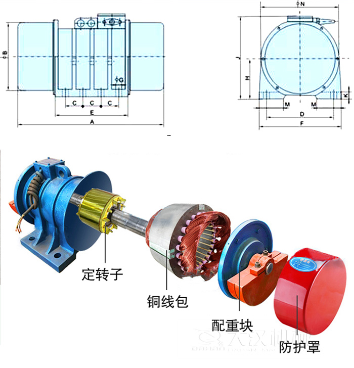 YZS振動電機內(nèi)部主要部件：定轉(zhuǎn)子，銅線包，配重塊，防護罩。